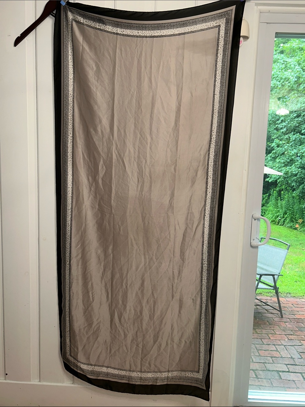 Neutral colors silk Scarf with geometric faux Lace and Leopard Trim 34” X 78”